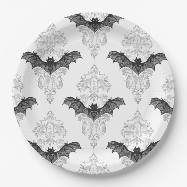 Assiettes En Carton Motif de chauves-souris blanches d'Halloween (Devant)