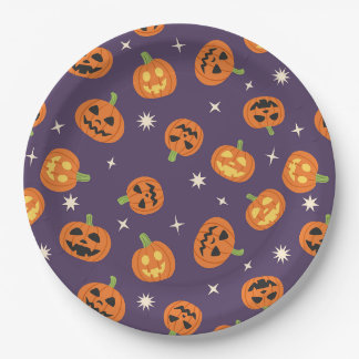 Assiettes En Carton Motif de citrouilles lancées Halloween sur fond vi