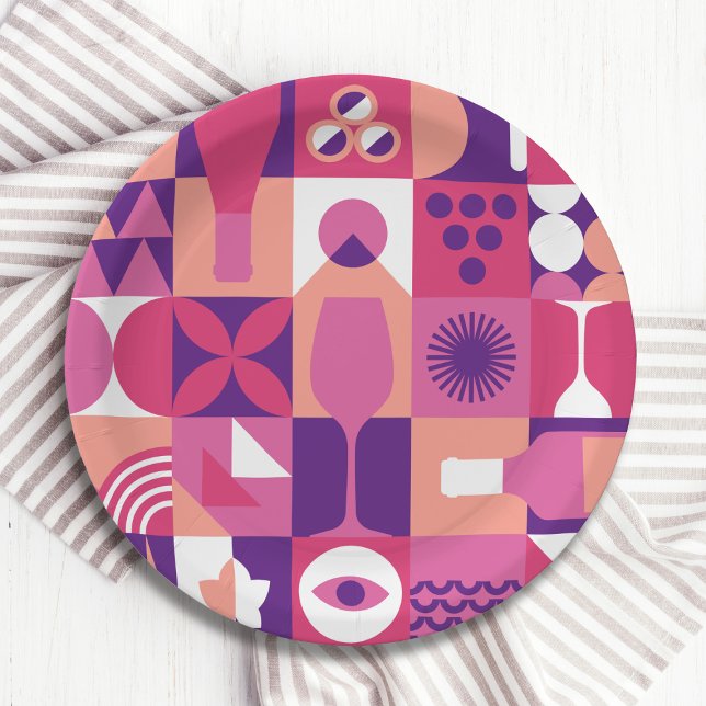 Assiettes En Carton Motif de cocktails Retro Pink Purple Wine Bauhaus (Créateur téléchargé)