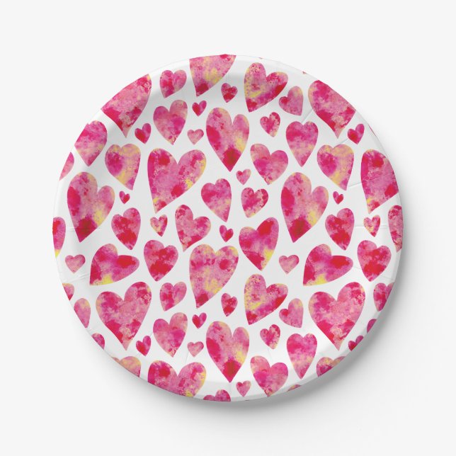 Assiettes En Carton Motif de cœur d'amour à l'aquarelle rose (Devant)
