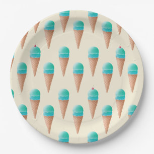 Assiettes En Carton Motif de cône de glace bleu, jaune clair