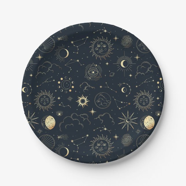 Assiettes En Carton Motif de constellation d'étoile d'or bleu minuit (Devant)