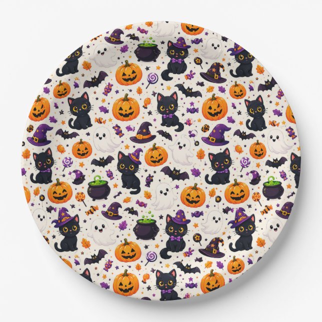 Assiettes En Carton Motif de créatures mignonnes d'Halloween pour un u (Devant)