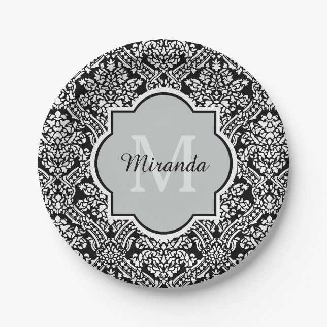 Assiettes En Carton Motif de Damas noir et blanc Monogramme et nom (Devant)