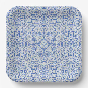 Assiettes En Carton Motif de dentelle ajourée grise et bleue vintage