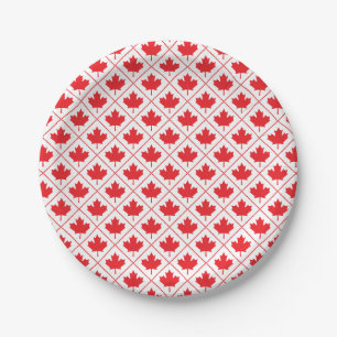 Assiettes En Carton Motif de diamants blanc et rouge feuille d'érable