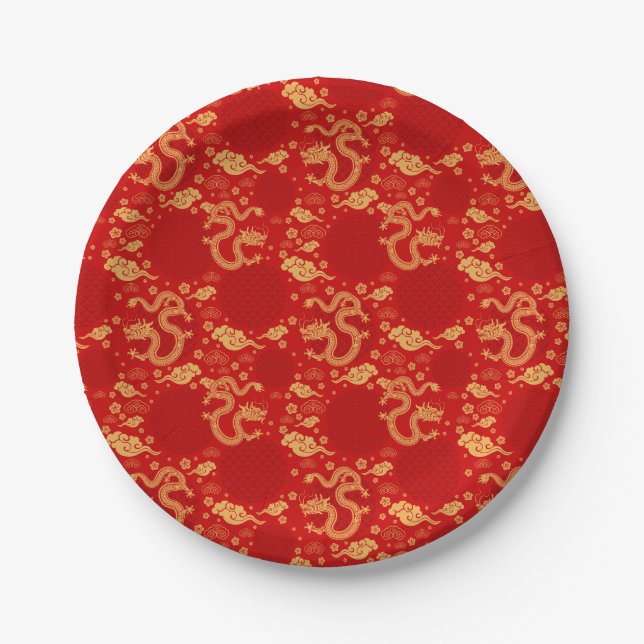 Assiettes En Carton Motif de dragon d'or - Chinois Année lunaire 2024 (Devant)