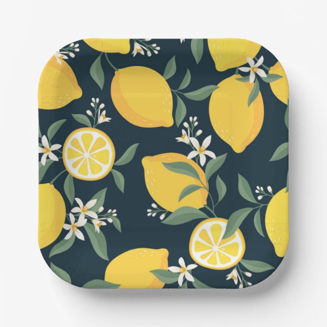 Assiettes En Carton Motif de feuille jaune citron (Recto)