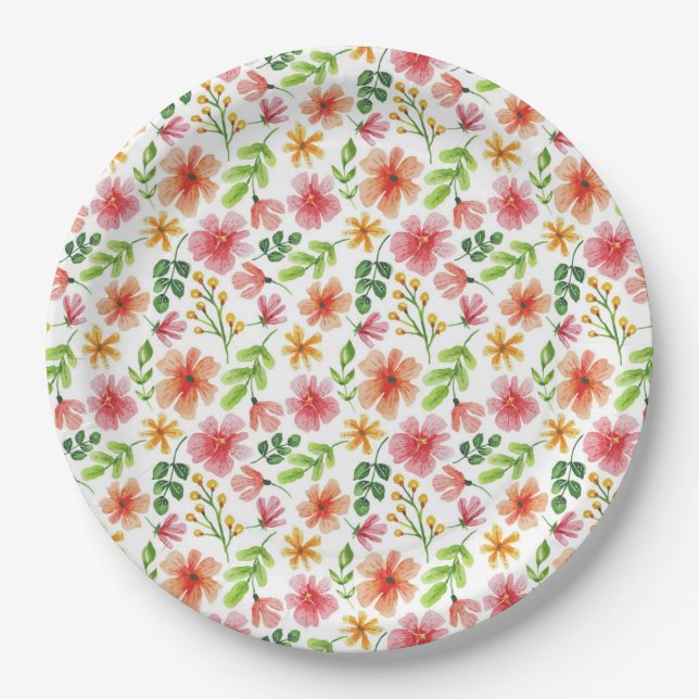 Assiettes En Carton Motif de fleurs roses à l'aquarelle (Devant)
