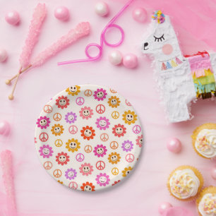 Assiettes En Carton Motif de fleurs souriantes avec des signes de paix