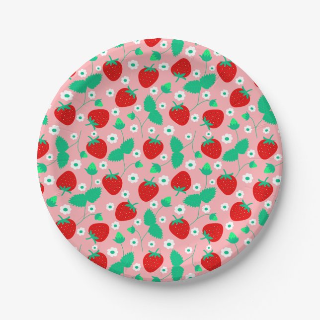 Assiettes En Carton Motif de fraise marguerite rose et rouge (Devant)