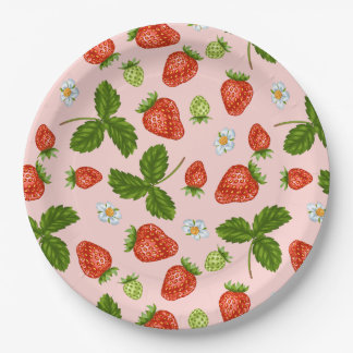 Assiettes En Carton Motif de fraises Arrière - plan rose