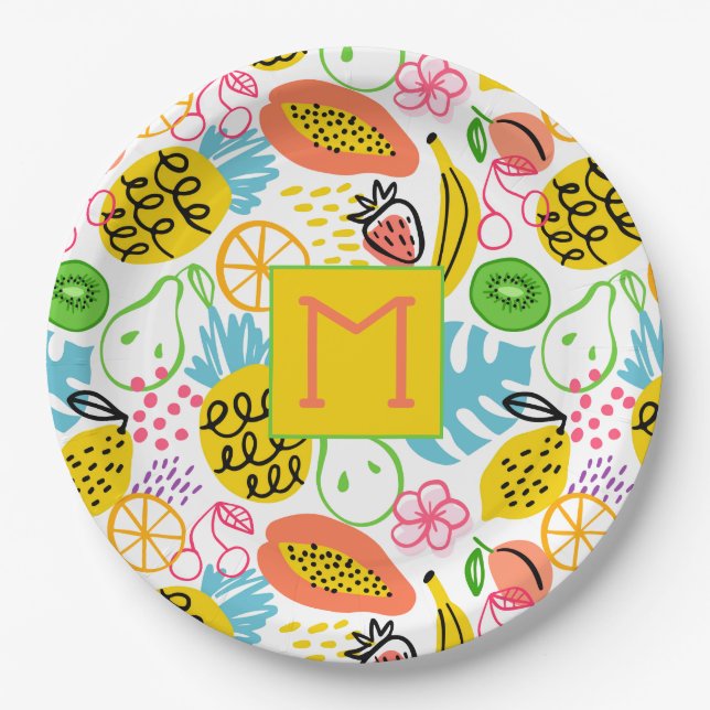 Assiettes En Carton Motif de fruits d'été monogramme (Devant)