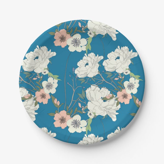Assiettes En Carton Motif de jardin floral blanc (Devant)