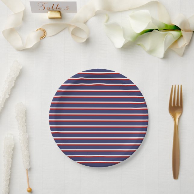 Assiettes En Carton Motif de la bande rouge bleue de la Marine (Mariage)