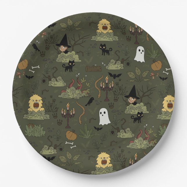 Assiettes En Carton Motif de la forêt hantée d'Halloween (Devant)