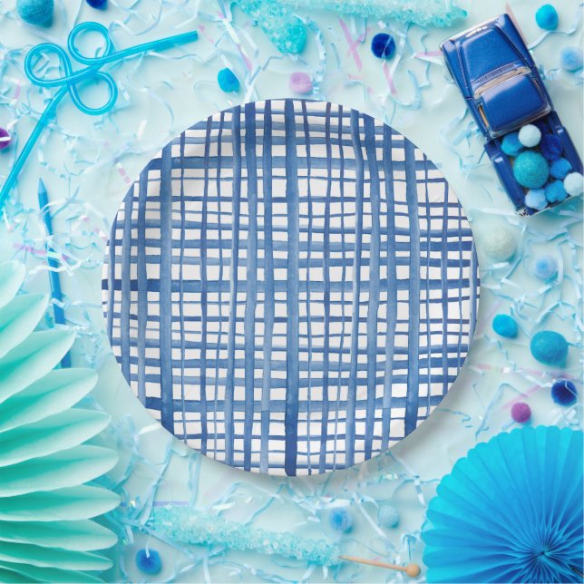 Assiettes En Carton Motif de la grille d'aquarelle Indigo blue Shibori (Fête)