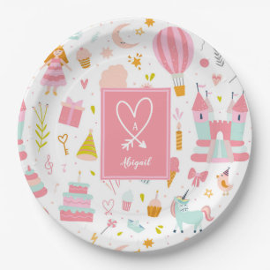 Assiettes En Carton Motif de la soirée Unicorn rose Monogrammed Girls