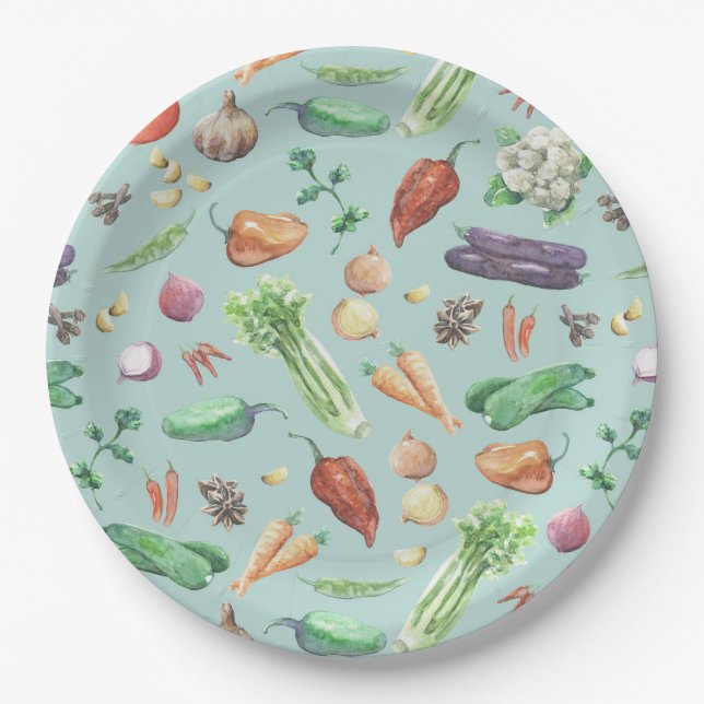 Assiettes En Carton Motif de légume et d'épices d'aquarelle (Devant)