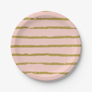 Assiettes En Carton Motif de lignes modernes rose et paillettes dorées