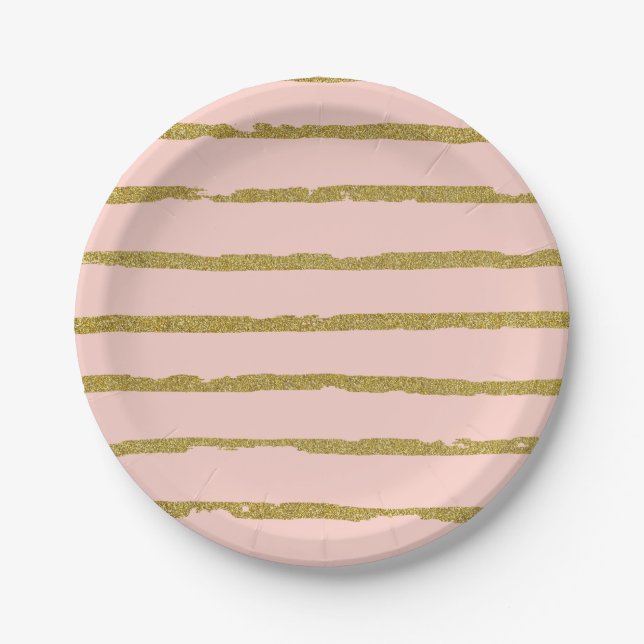 Assiettes En Carton Motif de lignes modernes rose et paillettes dorées (Devant)