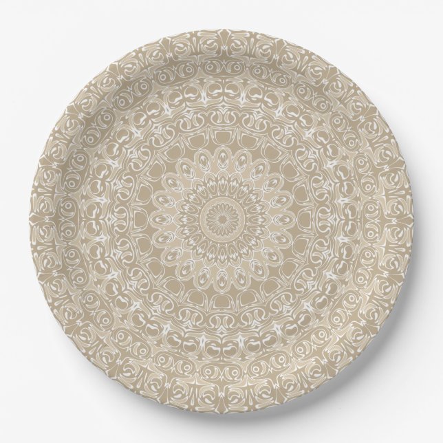 Assiettes En Carton Motif de mandala d'ornement kaki et blanc (Devant)