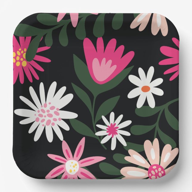 Assiettes En Carton Motif de marguerite rose et blanc (Recto)