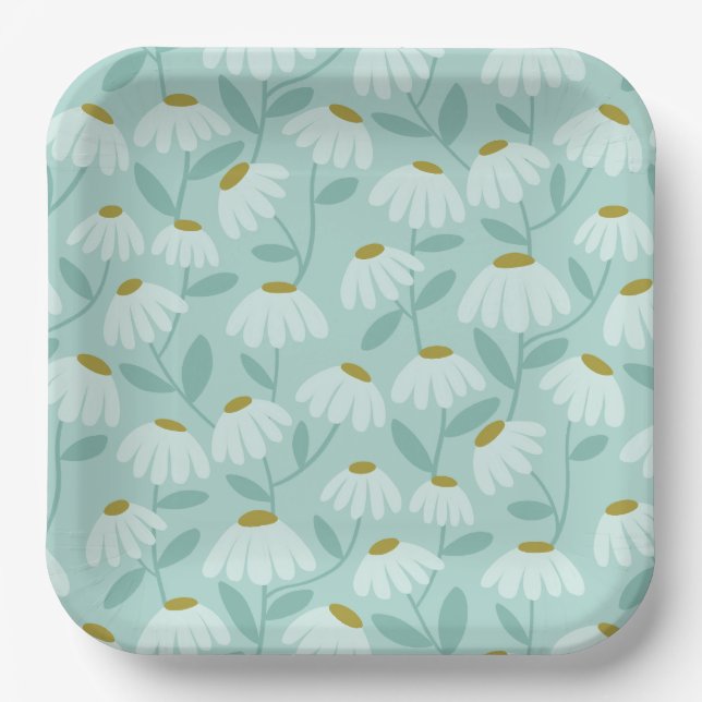 Assiettes En Carton Motif de marguerites florales bleu sarcelle et ver (Recto)