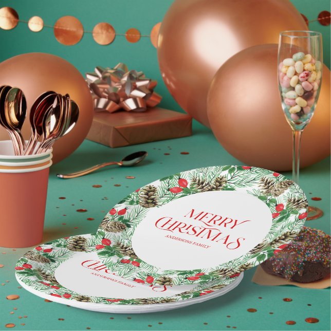 Assiettes En Carton Motif de Noël avec verdures et baies rouges (Multi)