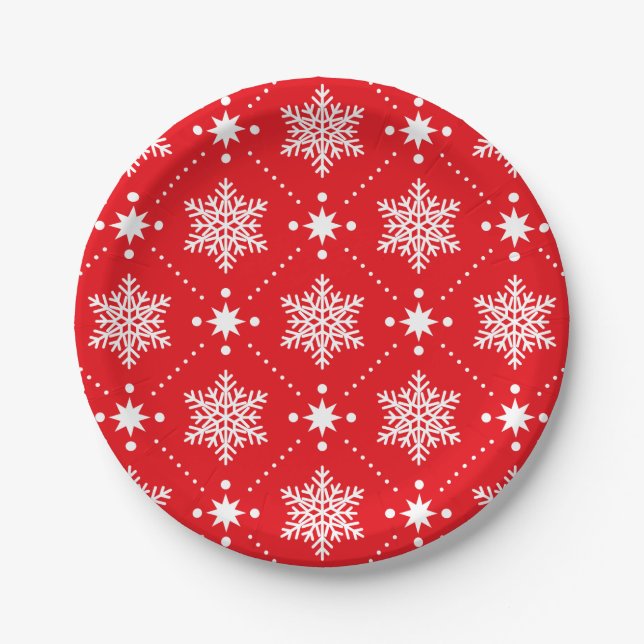 Assiettes En Carton Motif de Noël classique Red et White Snowflakes (Devant)