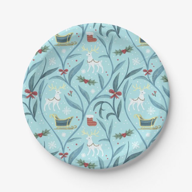 Assiettes En Carton Motif de Noël de rennes floraux feuillus (Devant)