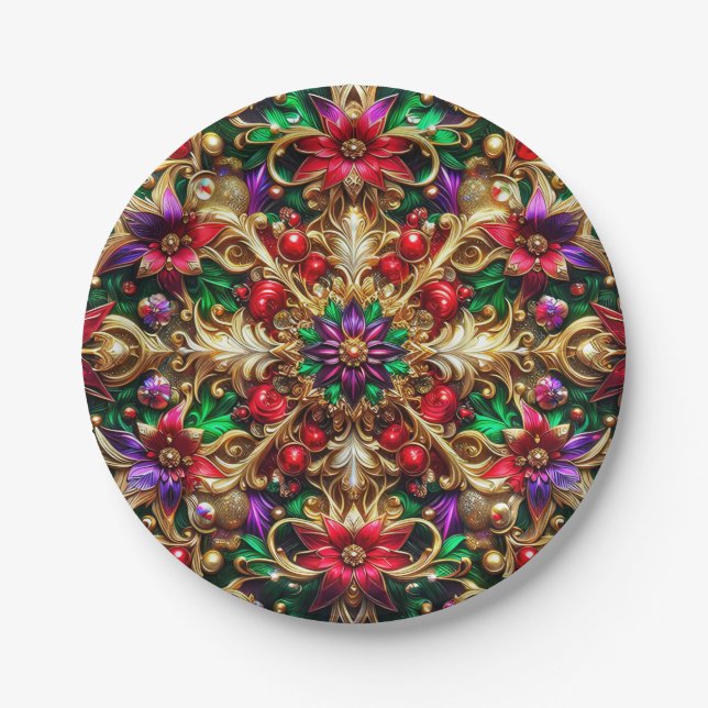 Assiettes En Carton MOTIF DE NOËL ~ Floral ~ Rouge Vert Or ~ (Devant)