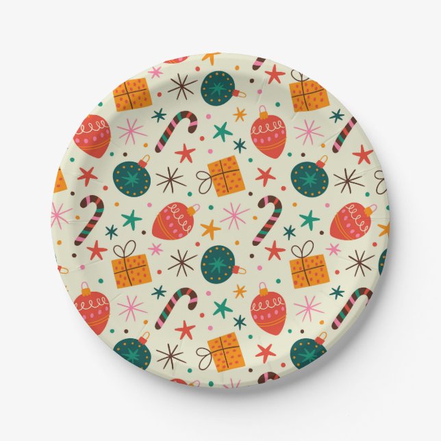 Assiettes En Carton Motif de Noël rétro et cadeau (Devant)