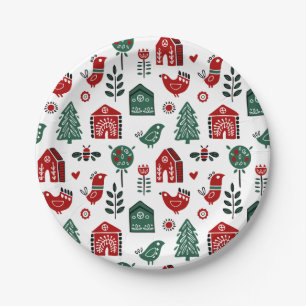 Assiettes En Carton Motif de Noël scandinave rouge et vert