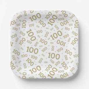 Assiettes En Carton motif de numéro aléatoire du 100e parti Gold/White