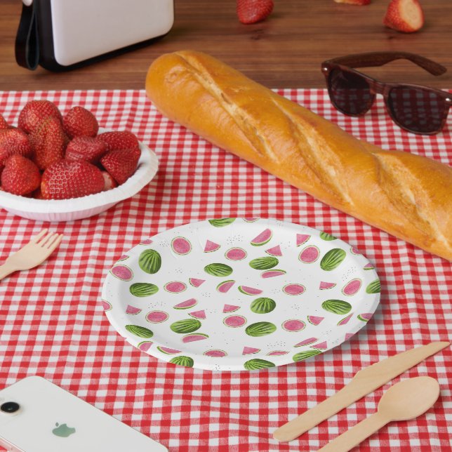 Assiettes En Carton Motif de pastèque rose et vert d'été (Pique-nique)