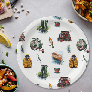 Assiettes En Carton Motif de pêche à l'aquarelle masculine