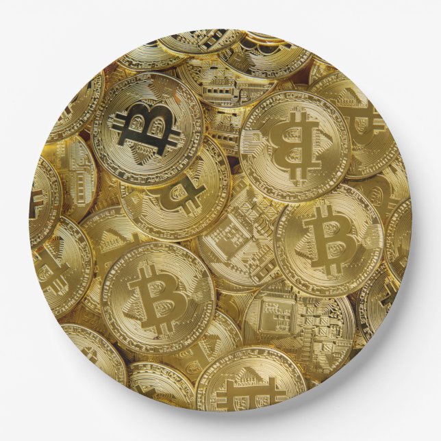 Assiettes En Carton Motif de pièce Bitcoin BTC Cryptodevise Gold (Devant)
