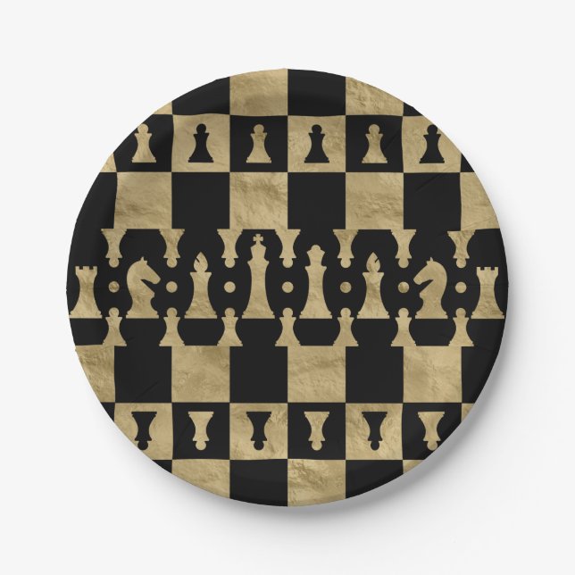 Assiettes En Carton Motif de pièces d'échecs - noir et or (Devant)