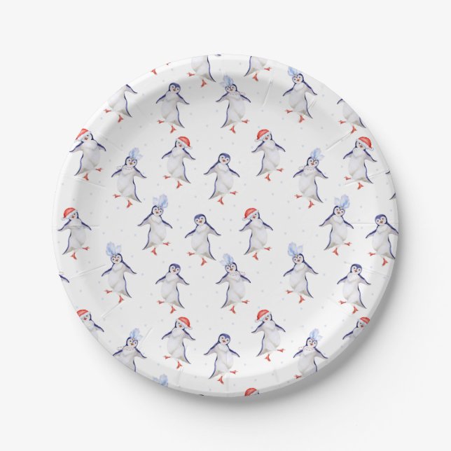 Assiettes En Carton Motif de pingouins dansants de Noël (Devant)