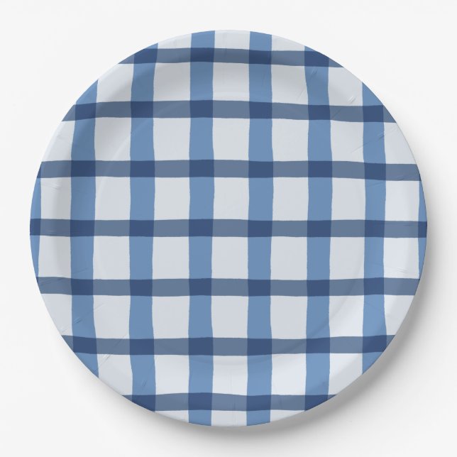 Assiettes En Carton Motif de plaid bleu et blanc (Devant)