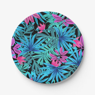 Assiettes En Carton Motif de plante tropicale rose néon et bleu