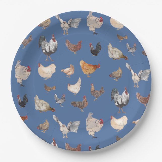 Assiettes En Carton Motif de poulet heureux sur Denim Blue (Devant)