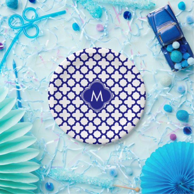 Assiettes En Carton Motif de Quatrefoil bleu de la marine Monogram (Fête)