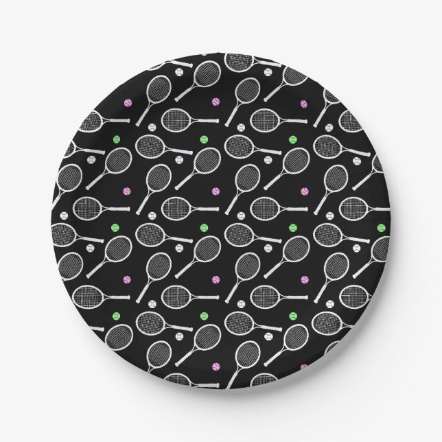 Assiettes En Carton Motif de raquette de tennis Arrière - plan noir (Devant)