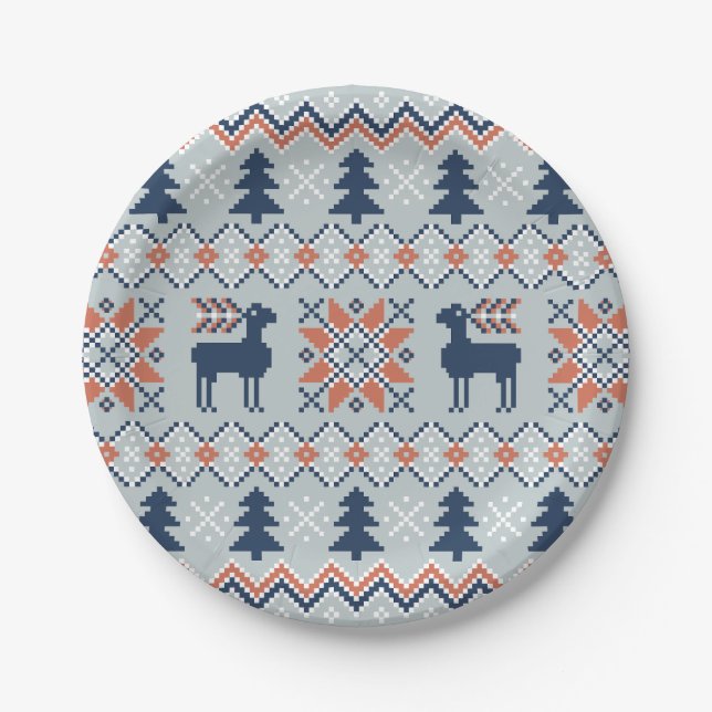 Assiettes En Carton Motif de rennes de Noël bleu brun (Devant)
