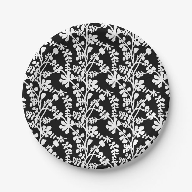Assiettes En Carton Motif de répétition Floral noir et blanc (Devant)