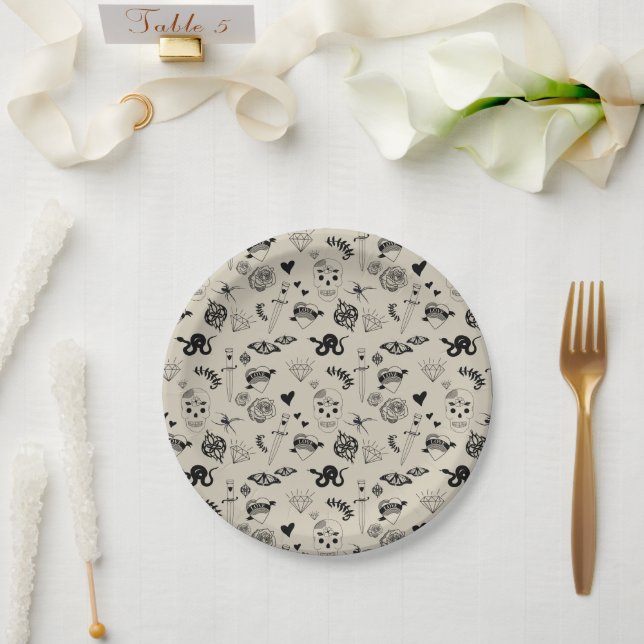 Assiettes En Carton Motif de tatouage à main noir et beige (Mariage)