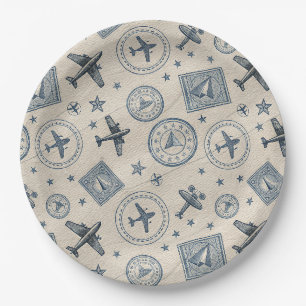 Assiettes En Carton Motif de timbre de passeport d'aviation vintage (1