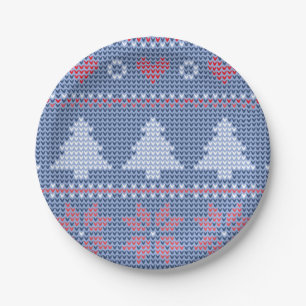Assiettes En Carton Motif de tricot de Noël Bleu